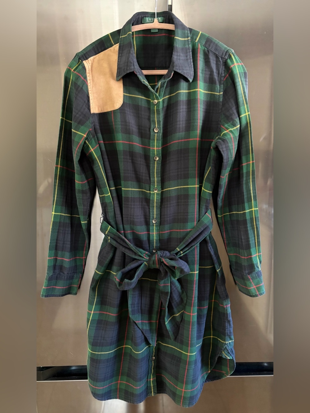 LRL Tartan Plaid Shirt Dress Suede Patch Sz L Equestrian Country Club Preppy EUC